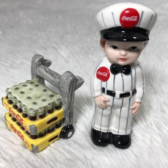 Vintage Coca-Cola Delivery Boy and Coke Cases Cart Ceramic Salt & Pepper Shakers - Picture 2 of 8
